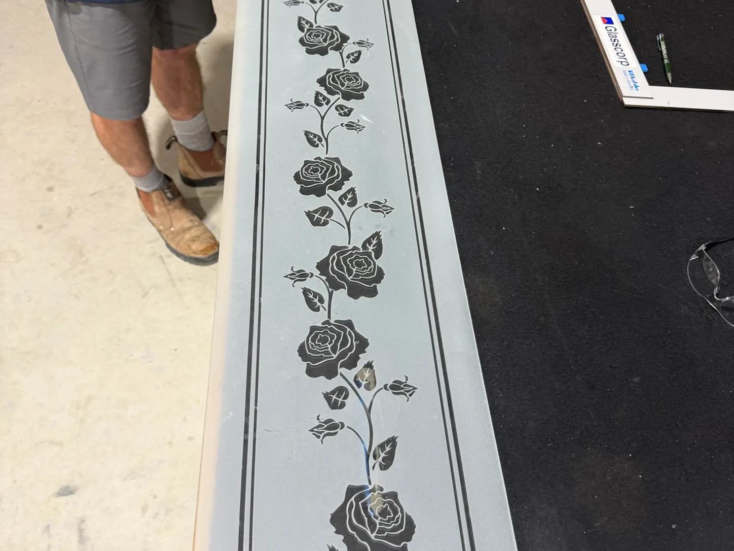 Etched glass panel with a rose design, made to order
