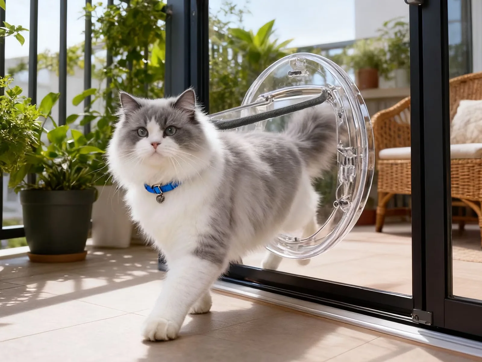 A cat stepping through a round pet door fitted into a sliding glass door