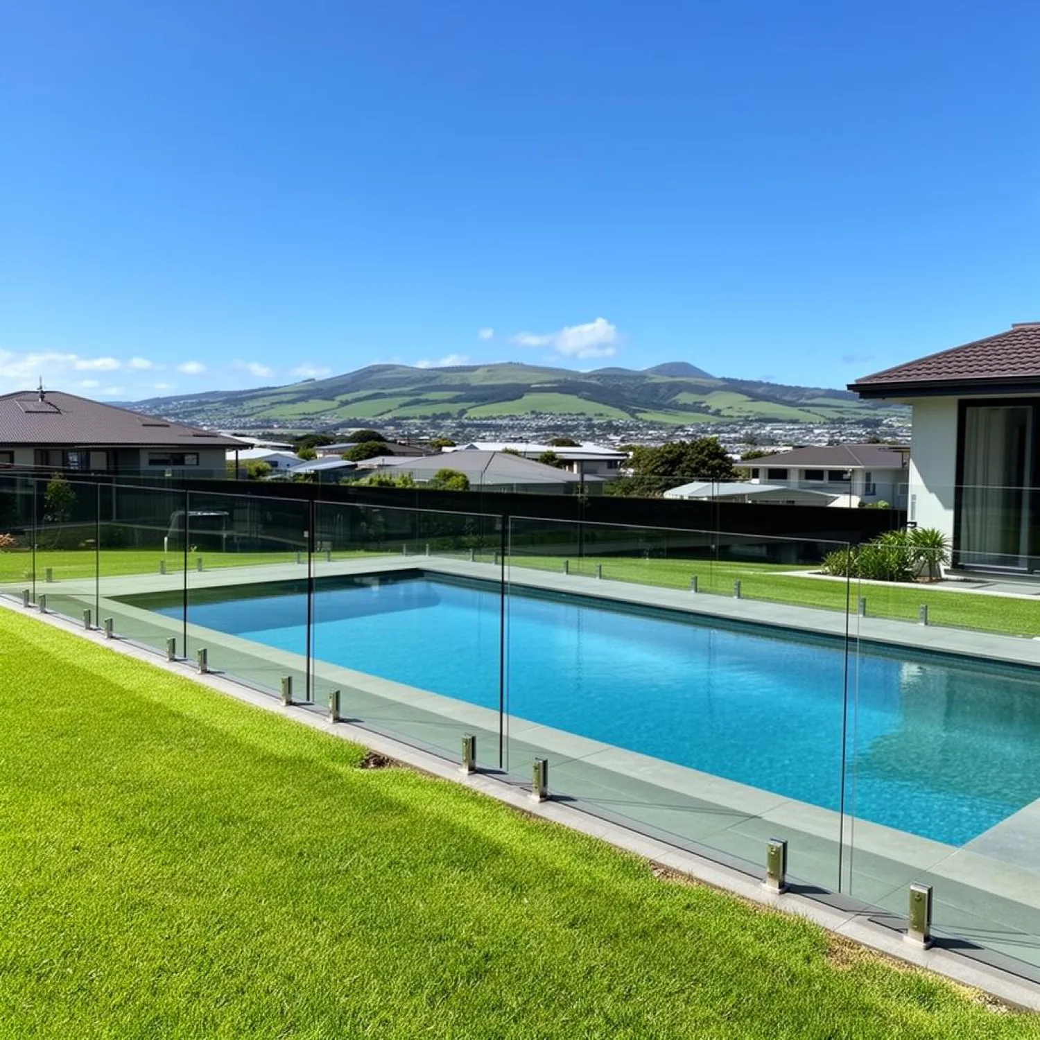 Frameless glass pool fence around a backyard pool