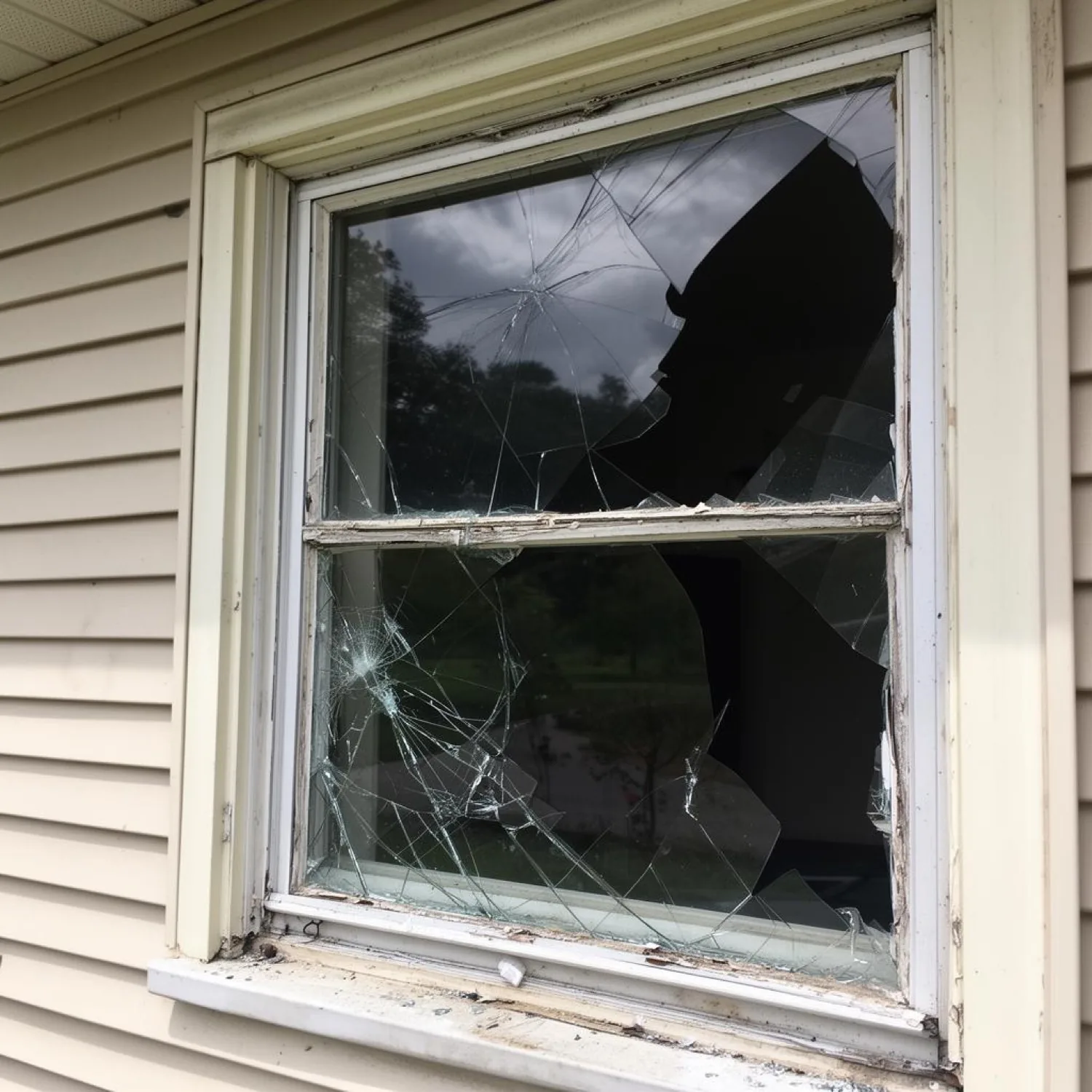 A smashed window pane awaiting replacement