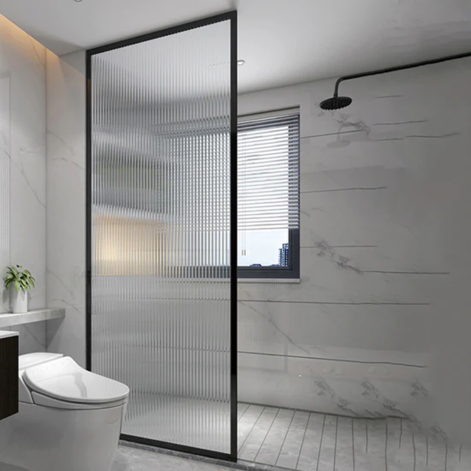 Reeded glass shower screen with black hardware in Tauranga