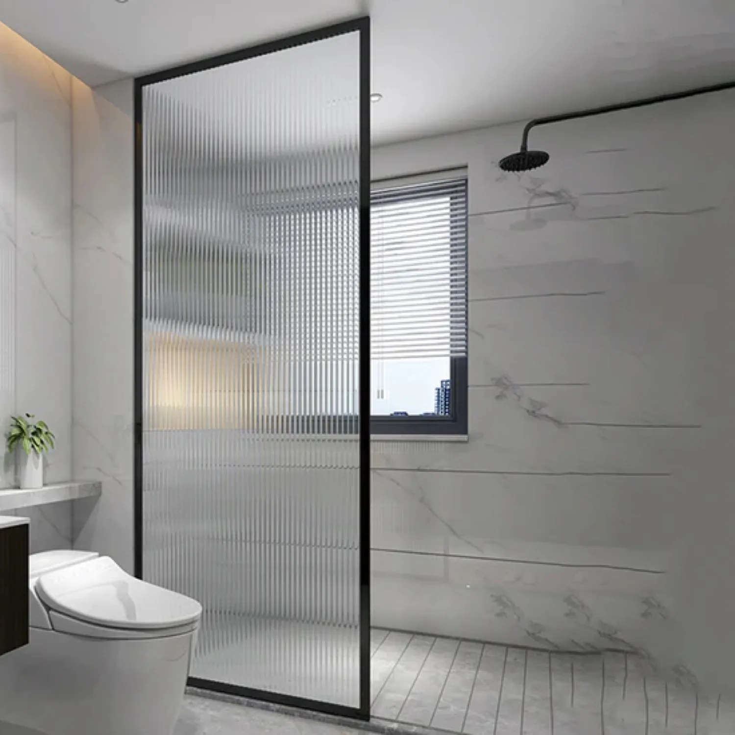 Reeded glass shower screen with black hardware in Tauranga