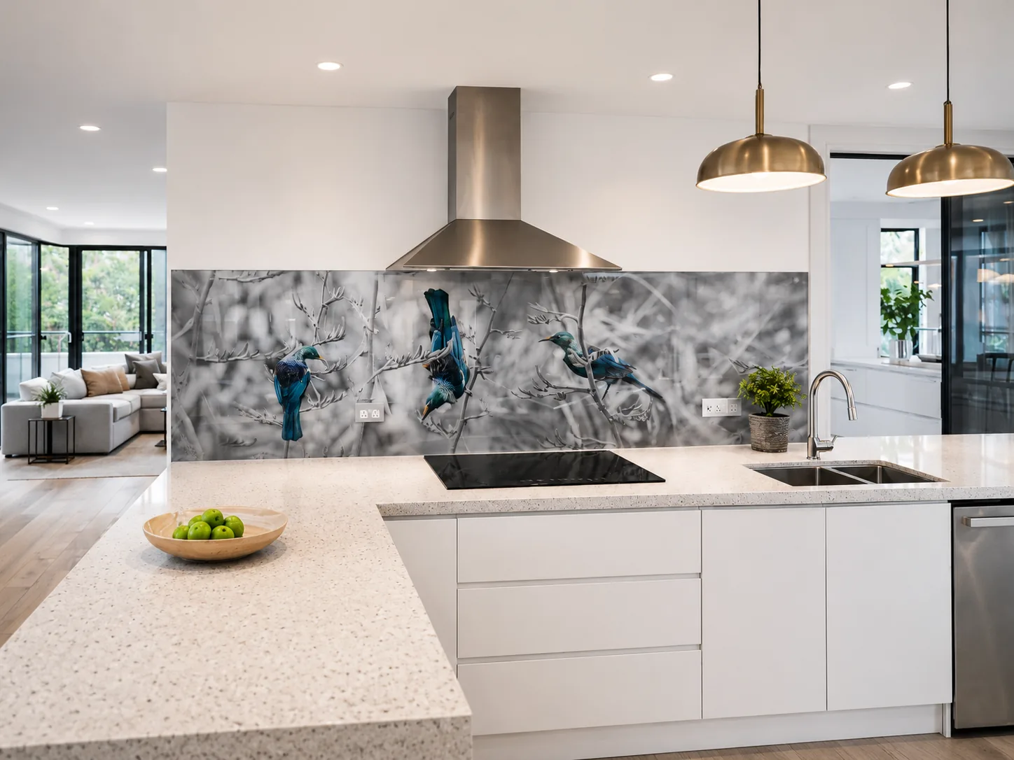 Digitally printed glass splashback with a tui design in a white kitchen