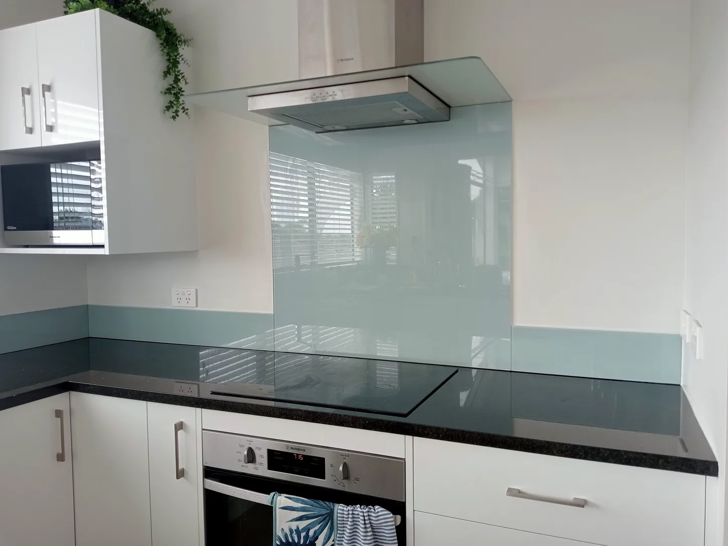 Pale blue green glass splashback behind a cooktop in a Tauranga kitchen