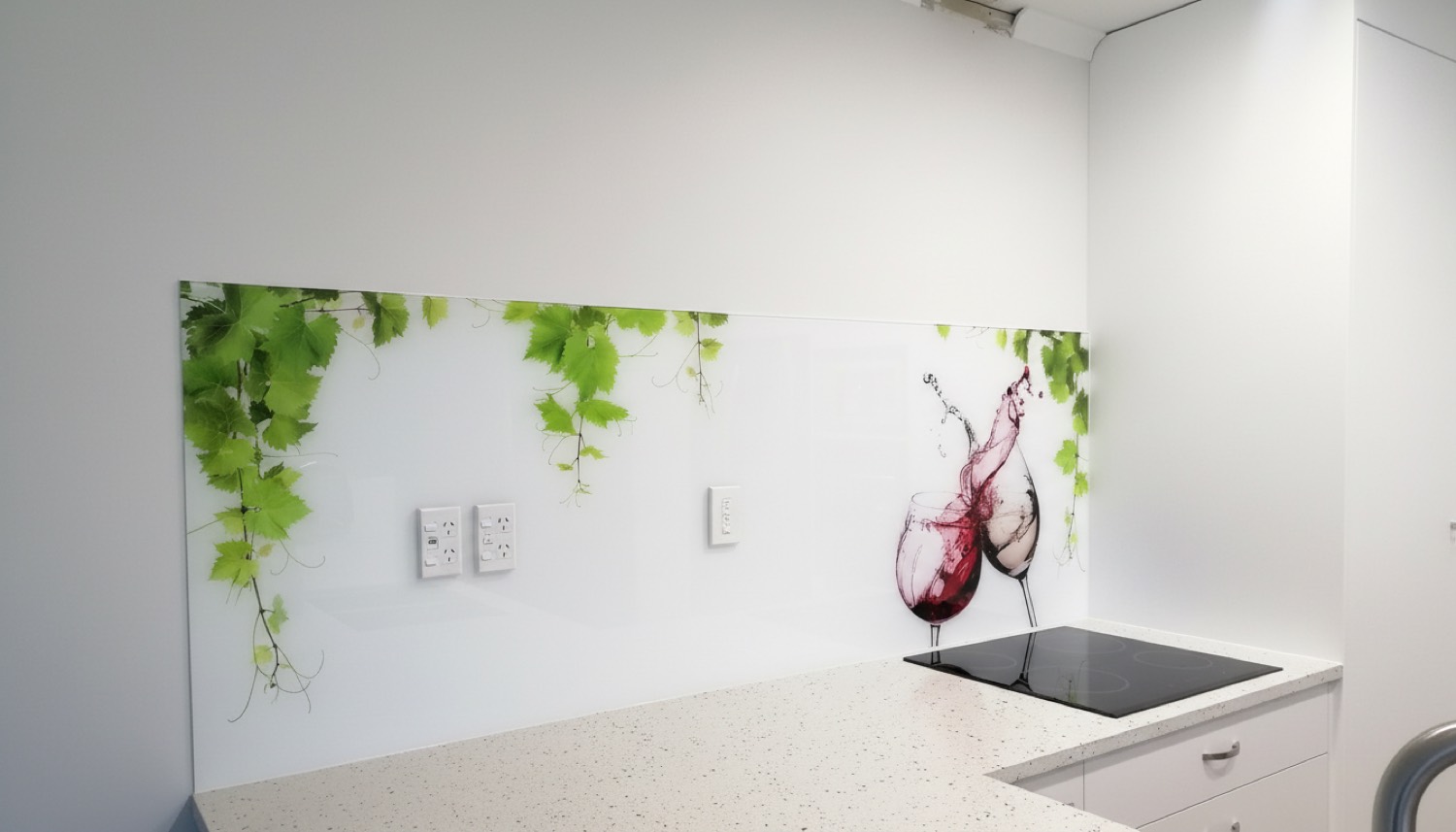 Wine and vines printed glass splashback in Tauranga